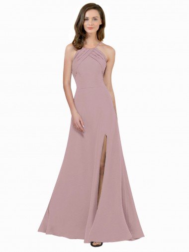 Discount High Neck Crepe Prom Dress with Pleats and Keyhole Back