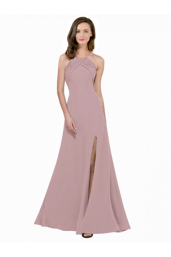 High Neck Crepe Prom Dress with Pleats and Keyhole Back