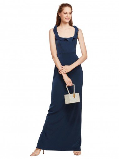 Discount Scoop Neck with Ruffles Long Crepe Prom Dress with Back Slit