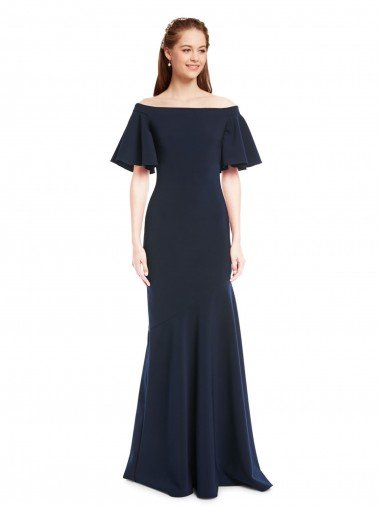 Discount Off the Shoulder Crepe Prom Dress with Short Ruffle Sleeves.
