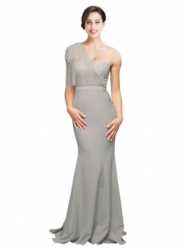 Discount Long Sweep Train Sweetheart Crepe Prom Dress with Tulle One Shoulder