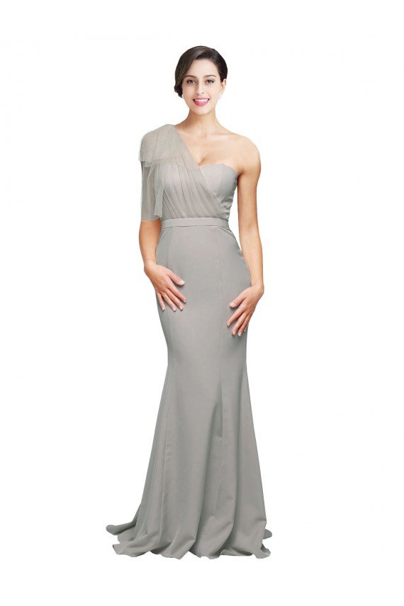 Long Sweep Train Sweetheart Crepe Prom Dress with Tulle One Shoulder
