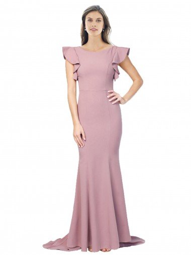 Discount Flutter Sleeves Low V-Back High Round Neck Crepe Prom Dress