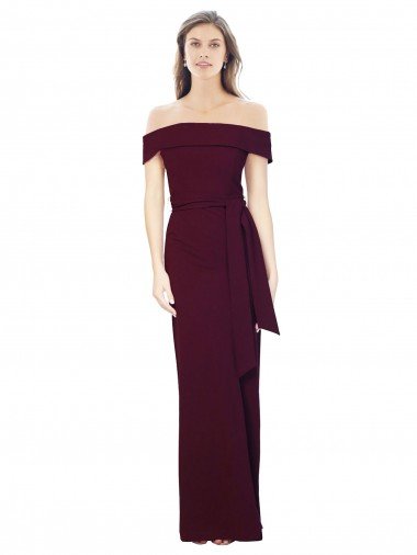 Discount Off the Shoulder Long Crepe Prom Dress with Waist Tie