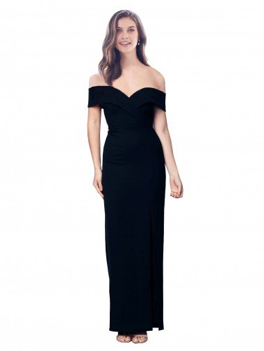 Discount Off the Shoulder Long Full Length Crepe Prom Dress with Side Split