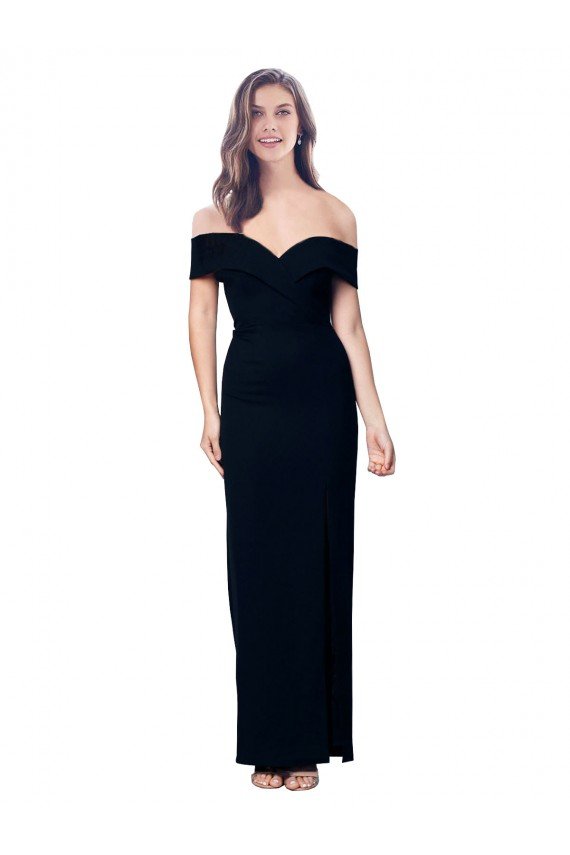 Off the Shoulder Long Full Length Crepe Prom Dress with Side Split