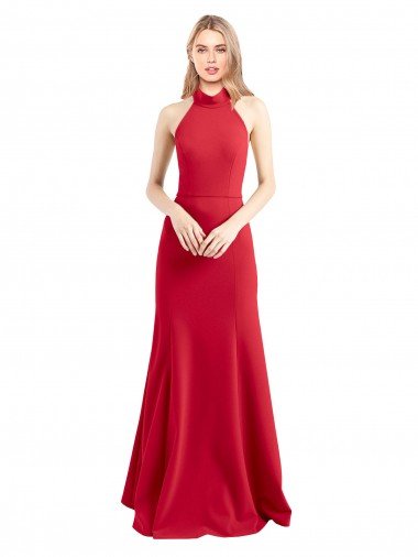 Discount Sleek Fit and Flare High Neck Halter Stretch Crepe Prom Dress with Open Back