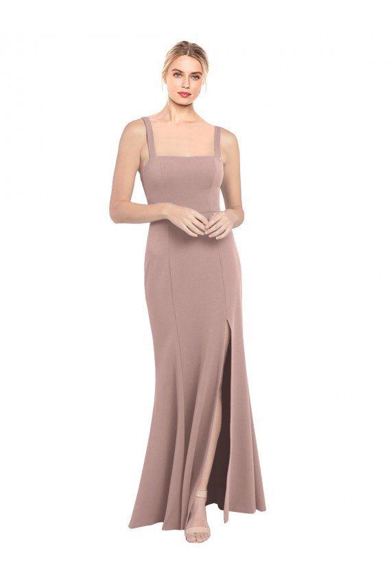 Square Neck Fit and Flare Long Stretch Crepe Prom Dress with Side Slit