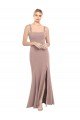 Square Neck Fit and Flare Long Stretch Crepe Prom Dress with Side Slit