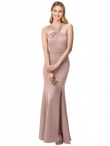 Discount Long Floor Length High Neck Fit and Flare Stretch Crepe Prom Dress with Side Slit