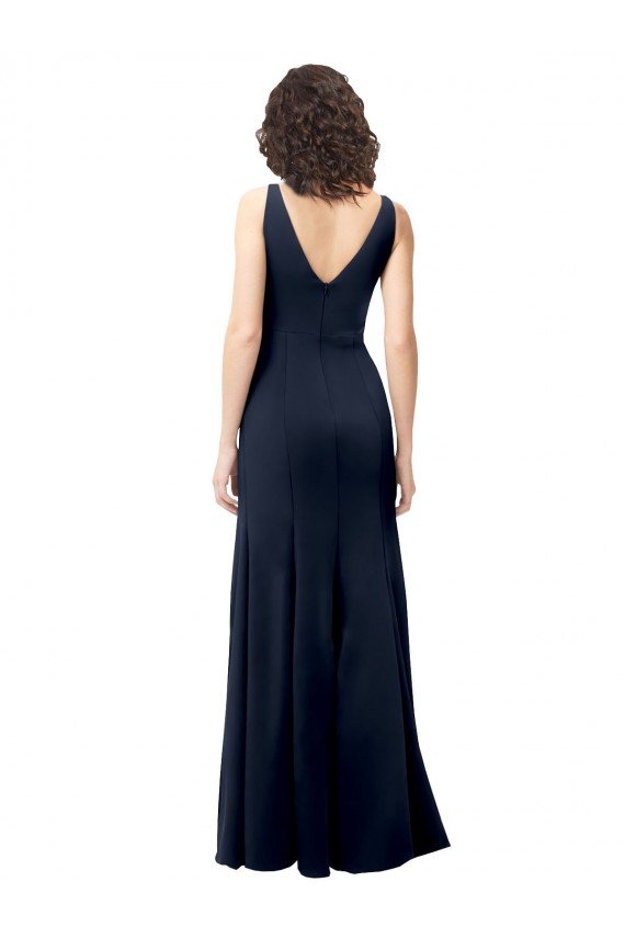 Classic V-Neck Long Stretch Crepe Prom Dress with V-Back