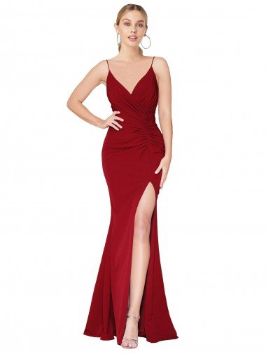 Discount Spaghetti Straps V-Neck Long Crepe Dress with High Slit