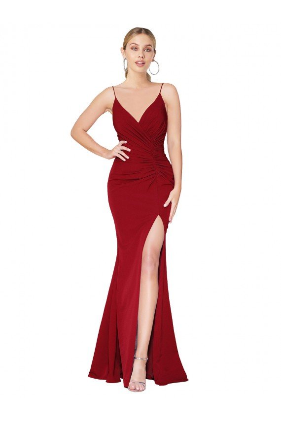 Spaghetti Straps V-Neck Long Crepe Dress with High Slit