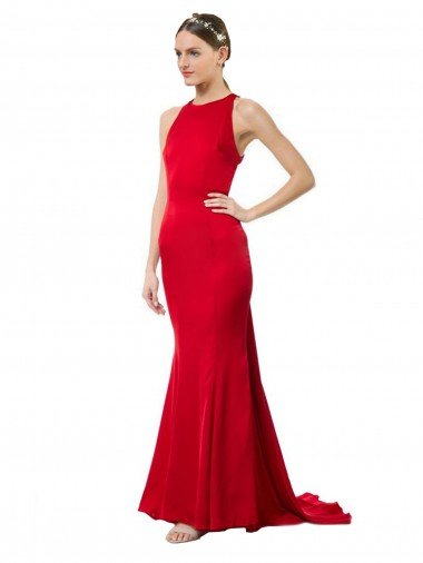 Discount High Neck Mermaid Open Back Crepe Maxi Prom Dress with Train Detail