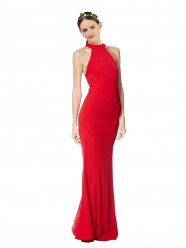 Discount Halter Neck Keyhole Back Sleeveless Crepe Maxi Prom Dress