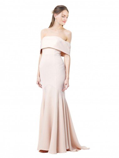 Discount Mermaid Bardot Maxi Crepe Bridesmiad Dress with Fishtail Train