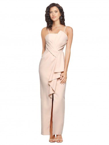 Discount Long Full Length Ruffles Strapless Low Back Crepe Prom Dress with Straps
