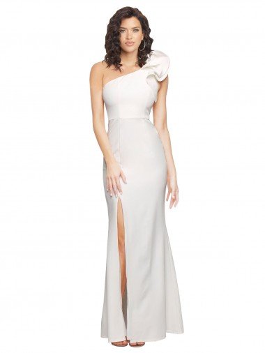 Discount One Shoulder Long Full Length Crepe Prom Dress with Ruffles and Side Split