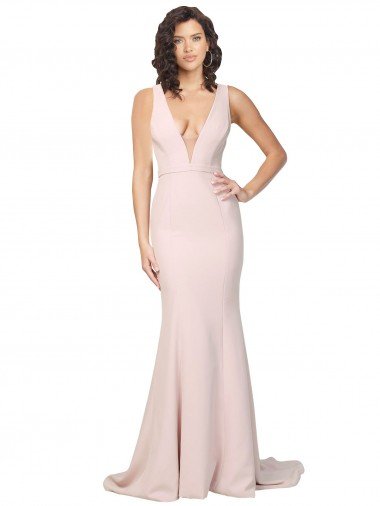 Discount Deep Plunging V-Neckline Full Length Crepe Prom Dress with Deep V-Backline