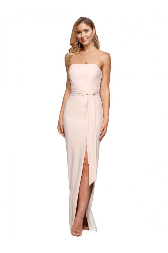 Full Length Low Back Strapless Crepe Prom Dress with Thigh High Side Split