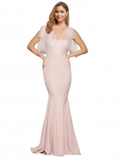 Discount Double Bow Full Length Sweetheart Crepe Prom Dress with Tulle Overlay