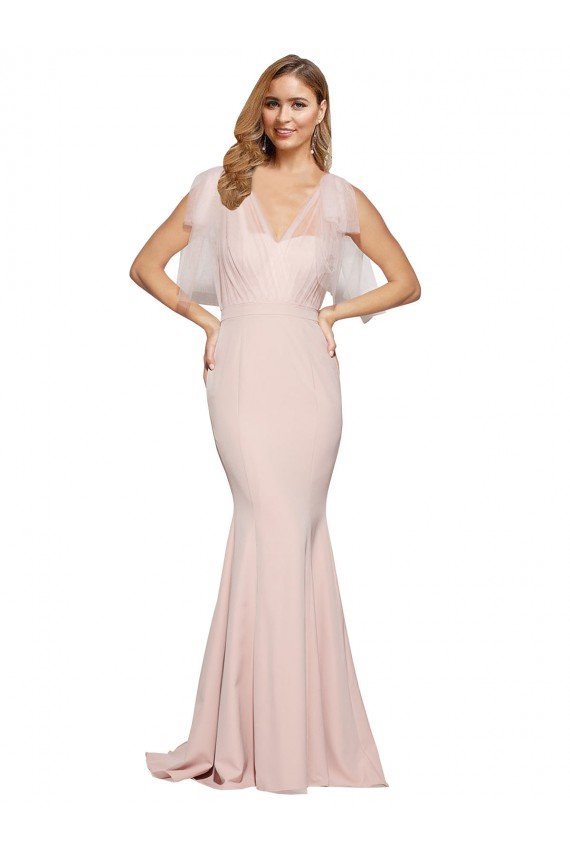 Double Bow Full Length Sweetheart Crepe Prom Dress with Tulle Overlay