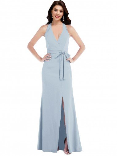 Discount Open Back Halter Maxi Crepe Prom Dress with Draped Bow