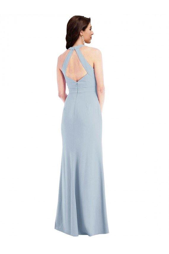 Open Back Halter Maxi Crepe Prom Dress with Draped Bow