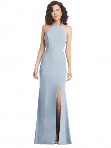 Discount High Neck Halter Crepe Prom Dress with Twist Criss Cross Back