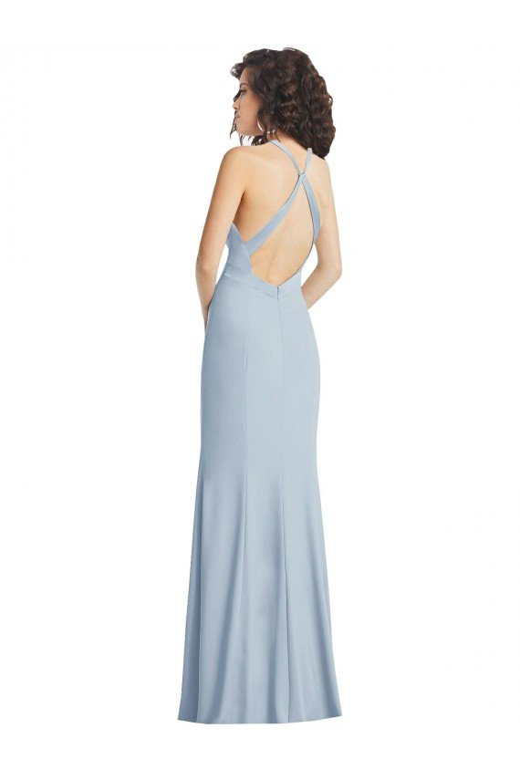 High Neck Halter Crepe Prom Dress with Twist Criss Cross Back