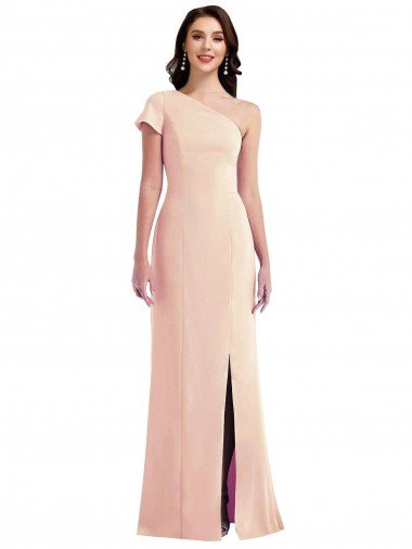 Discount One Shoulder Cap Sleeves Trumpet Crepe Prom Dress with Front Slit