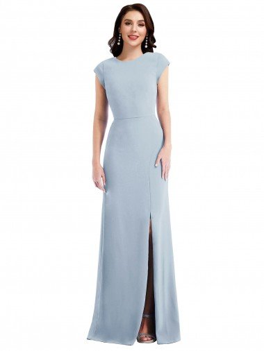 Discount Cap Sleeve Open Back Trumpet Crepe Prom Dress with Front Slit