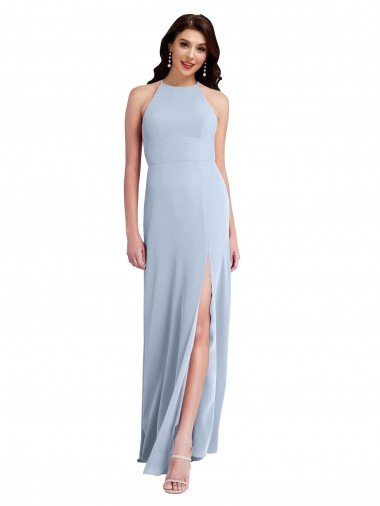 Discount Fit and Flare High Neck Crepe Prom Dress with Side Slit
