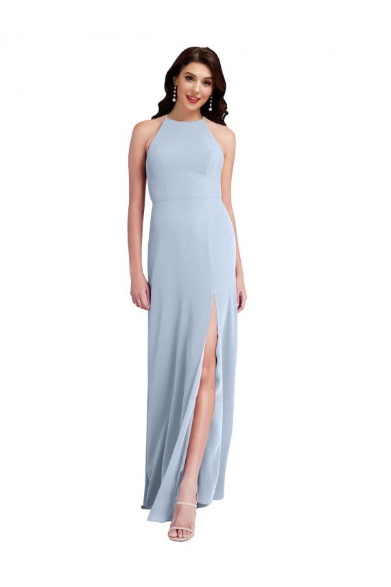 Fit and Flare High Neck Crepe Prom Dress with Side Slit