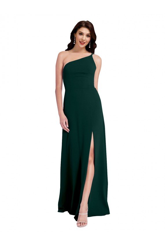 A-Line Slim One Shoulder Crepe Prom Dress with Asymmetrical Straps and Side Slit