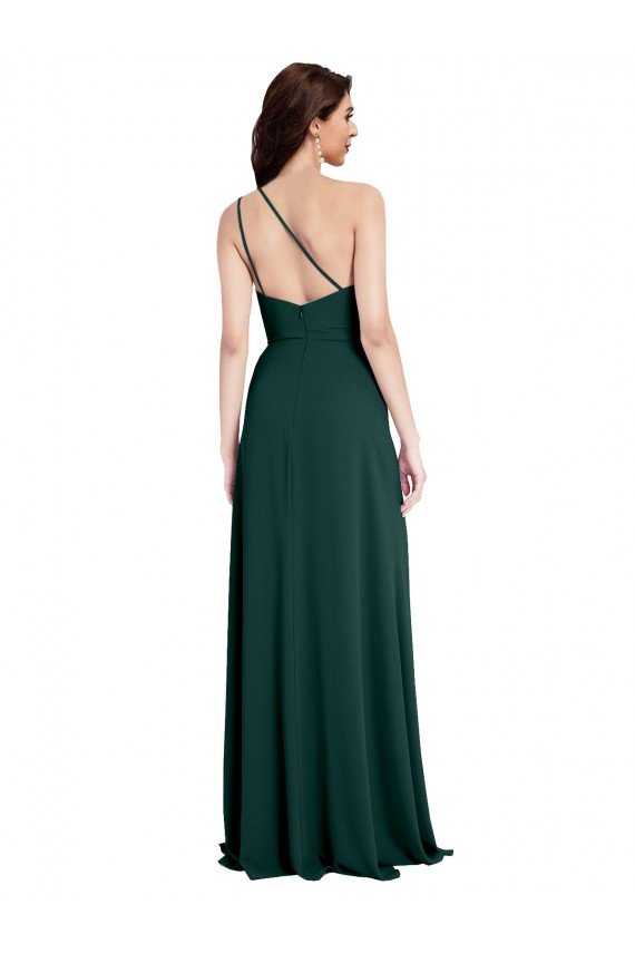 A-Line Slim One Shoulder Crepe Prom Dress with Asymmetrical Straps and Side Slit
