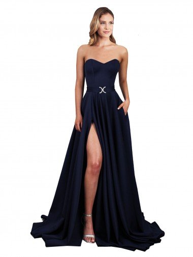 Discount Sweetheart Neckline Low Back Long Crepe Prom Dress with High Leg Spit & Pockets