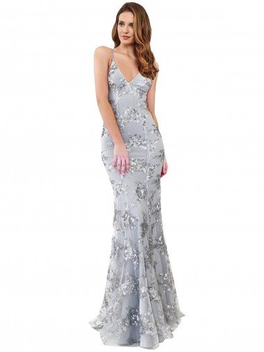 Discount Silver V-Neckline Backless Floral Patterned Sequin Prom Dress