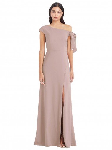 Discount Off the Shoulder Tie Detail Maxi Crepe Prom Dress with Front Slit