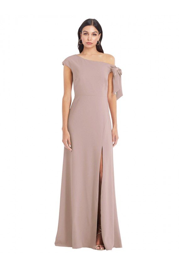 Off the Shoulder Tie Detail Maxi Crepe Prom Dress with Front Slit