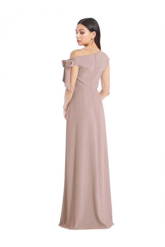 Off the Shoulder Tie Detail Maxi Crepe Prom Dress with Front Slit