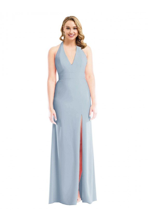Plunge Neck Halter Backless Trumpet Prom Dress with Front Slit