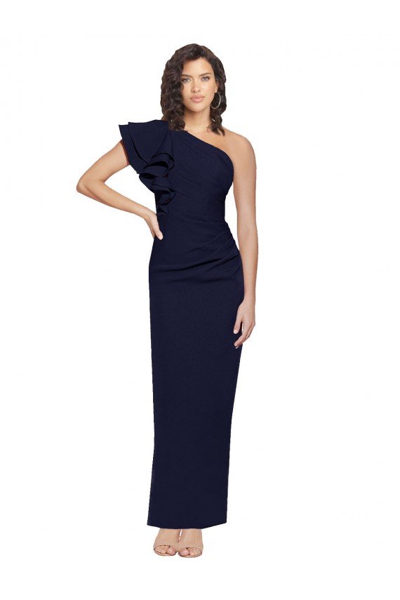 Ruched Floor Length Long Crepe Prom Dress with Shoulder Ruffles