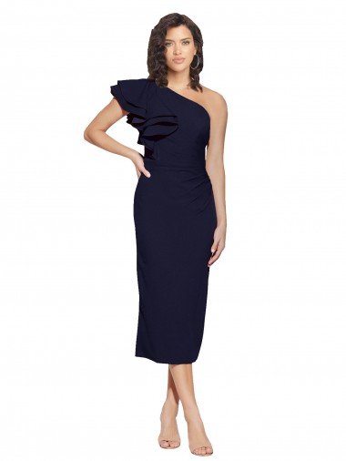 Discount Ruched Midi Length Short Crepe Cocktail Prom Dress / Homecoming Dress with Shoulder Ruffles
