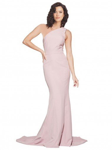 Discount Long Sweep Train One Shoulder Crepe Prom Dress with Side Leg Split