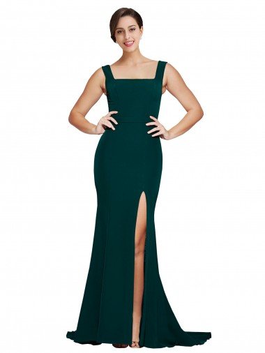Discount Fitted Square Neck Long Crepe Prom Dress with Train and Side Split