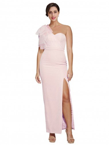 Discount One Shoulder Tulle Overlay Sweetheart Neckline Long Crepe Prom Dress with Thigh Split