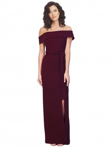 Discount Fitted Full Length Off the Shoulder Crepe Prom Dress with Side Split and Waist Tie