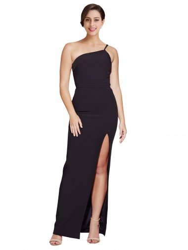 Discount Long Floor Length Crepe Prom Dress with Side Split and One Strap