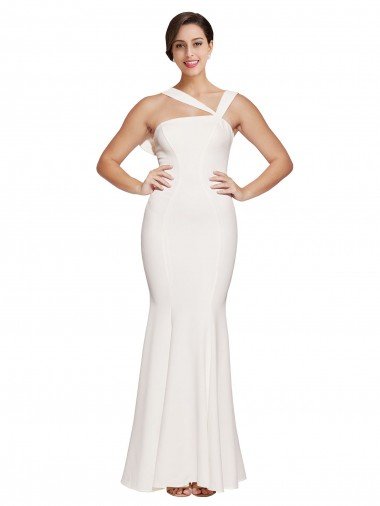 Discount Full Length Square Neck Crepe Prom Dress with Asymmetrical Straps and Bow Back